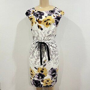 Jones New York Sheath Dress Size 8 Cap Sleeves Lined Tie Waist Roses Floral